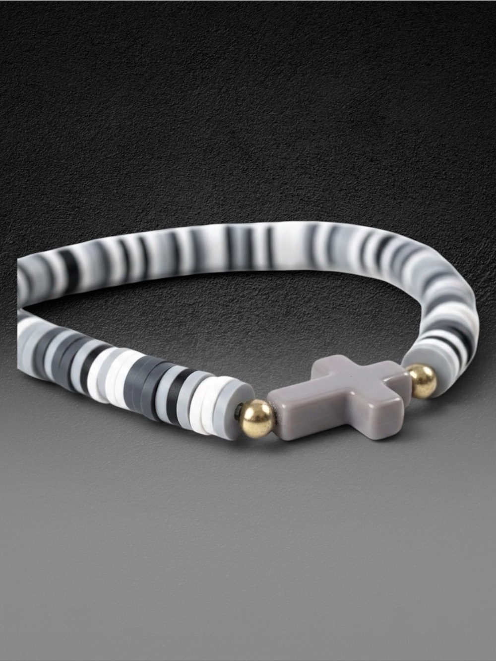 Men's Gray Cross Stretch Bracelet with Gold Accents